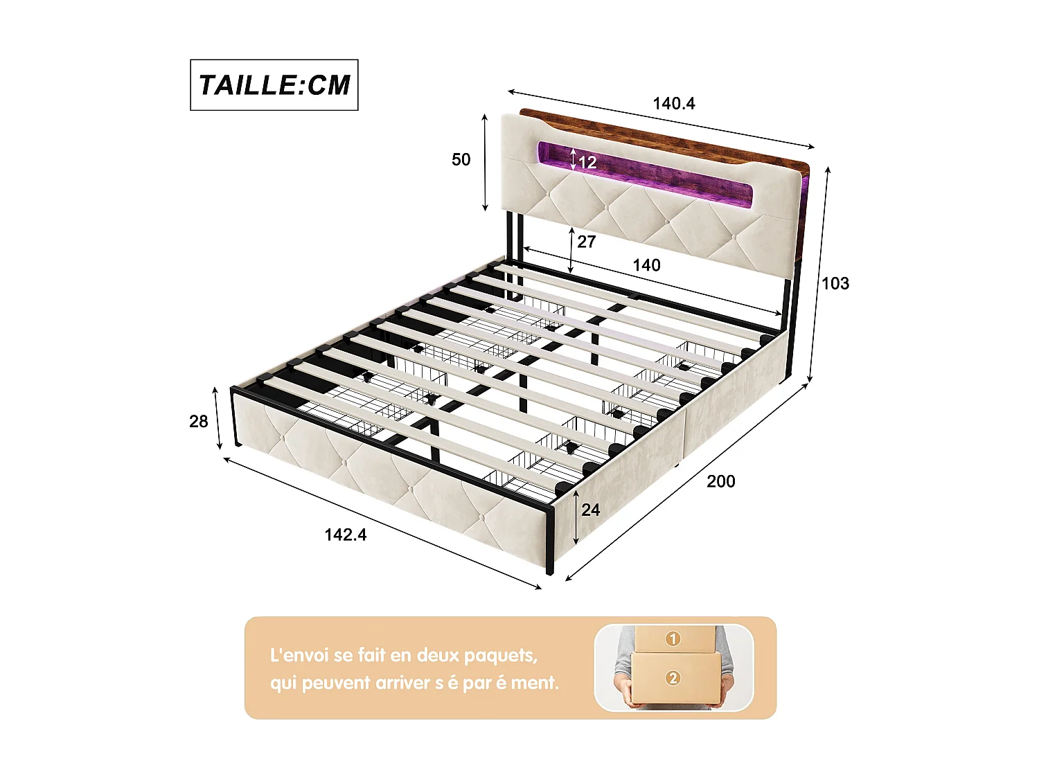 Lit adulte 140x200 cm avec sommier à lattes, lit double 140x200 cm tiroir rembourré, cadre de lit 140x200 cm avec LED et USB, beige