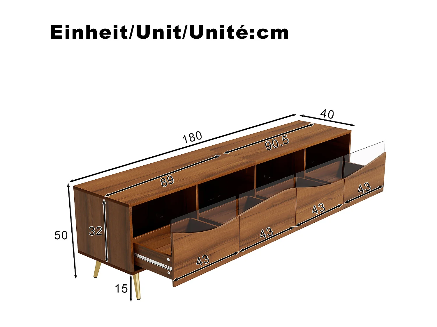 Stojak pod TV 180 cm, stolik pod TV w kolorze naturalnego drewna z 4 szufladami i oświetleniem LED, złote nogi