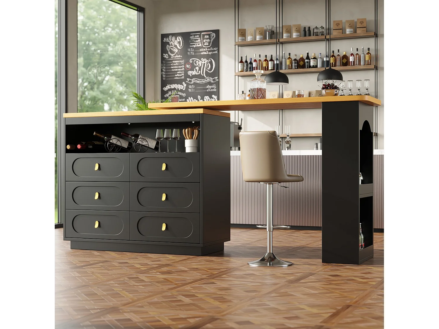 Aparador negro, aparador de cocina con encimera extensible, 6 cajones y espacio de almacenamiento abierto - MDF