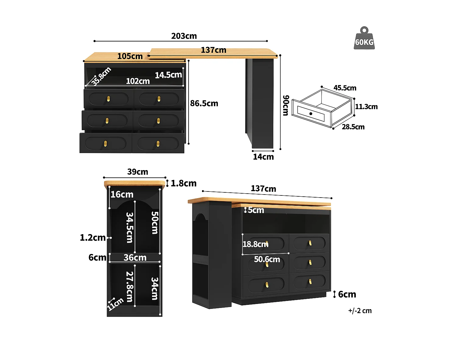 Aparador negro, aparador de cocina con encimera extensible, 6 cajones y espacio de almacenamiento abierto - MDF