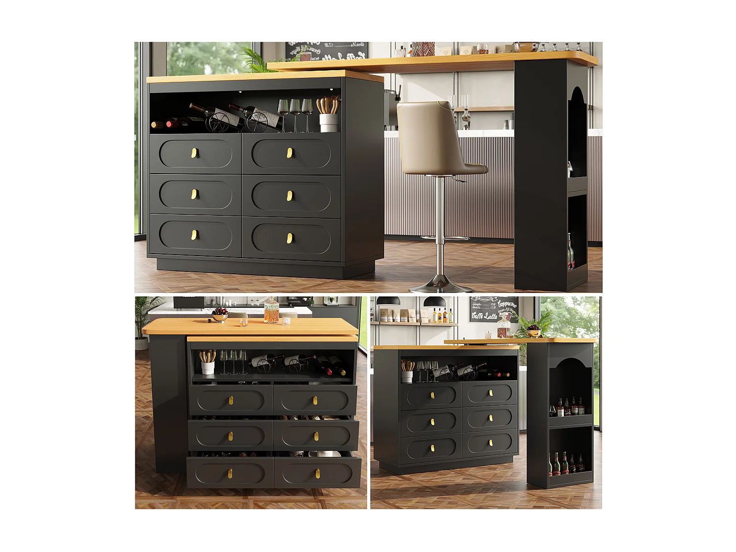 Aparador negro, aparador de cocina con encimera extensible, 6 cajones y espacio de almacenamiento abierto - MDF