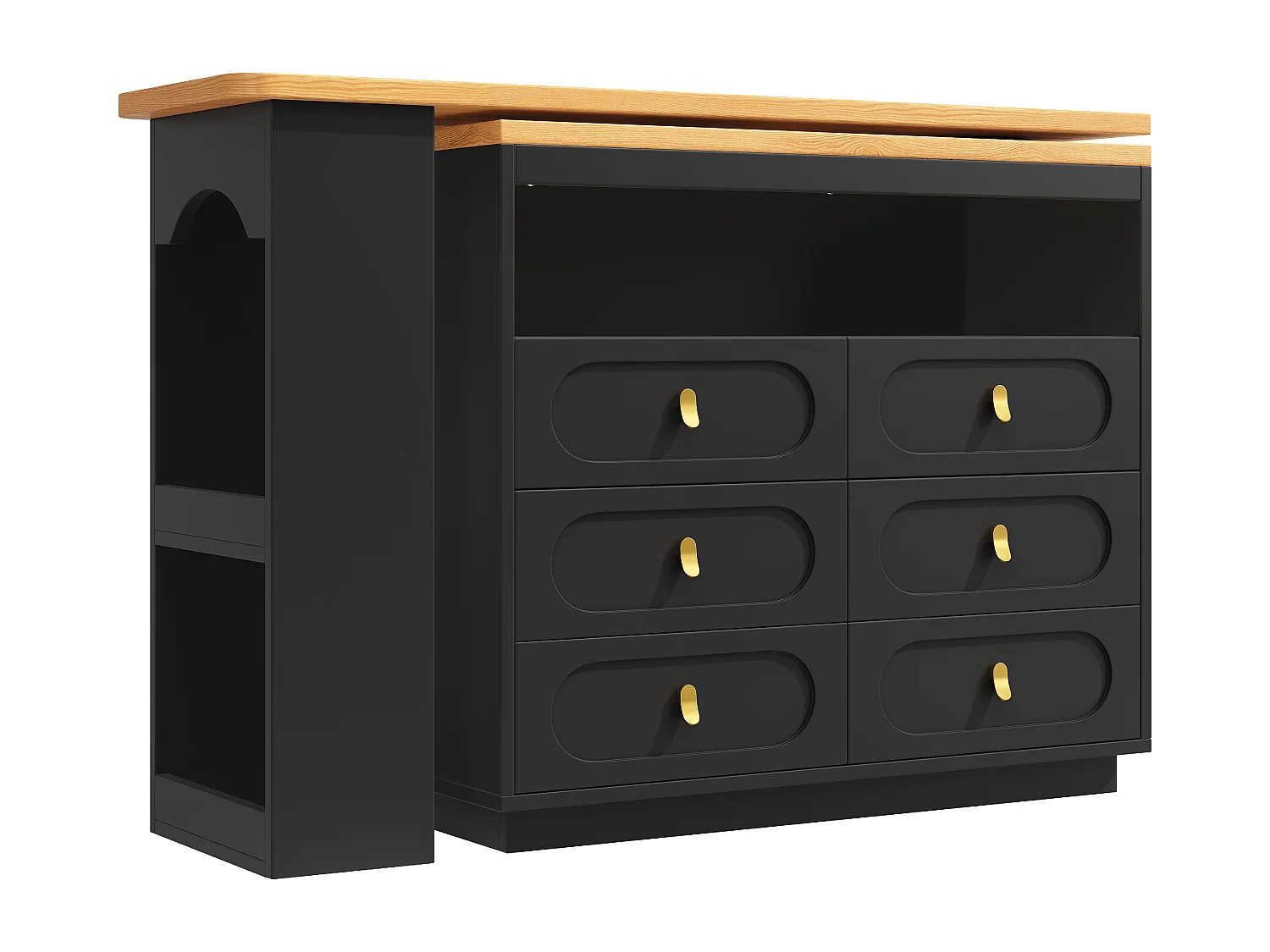 Aparador negro, aparador de cocina con encimera extensible, 6 cajones y espacio de almacenamiento abierto - MDF