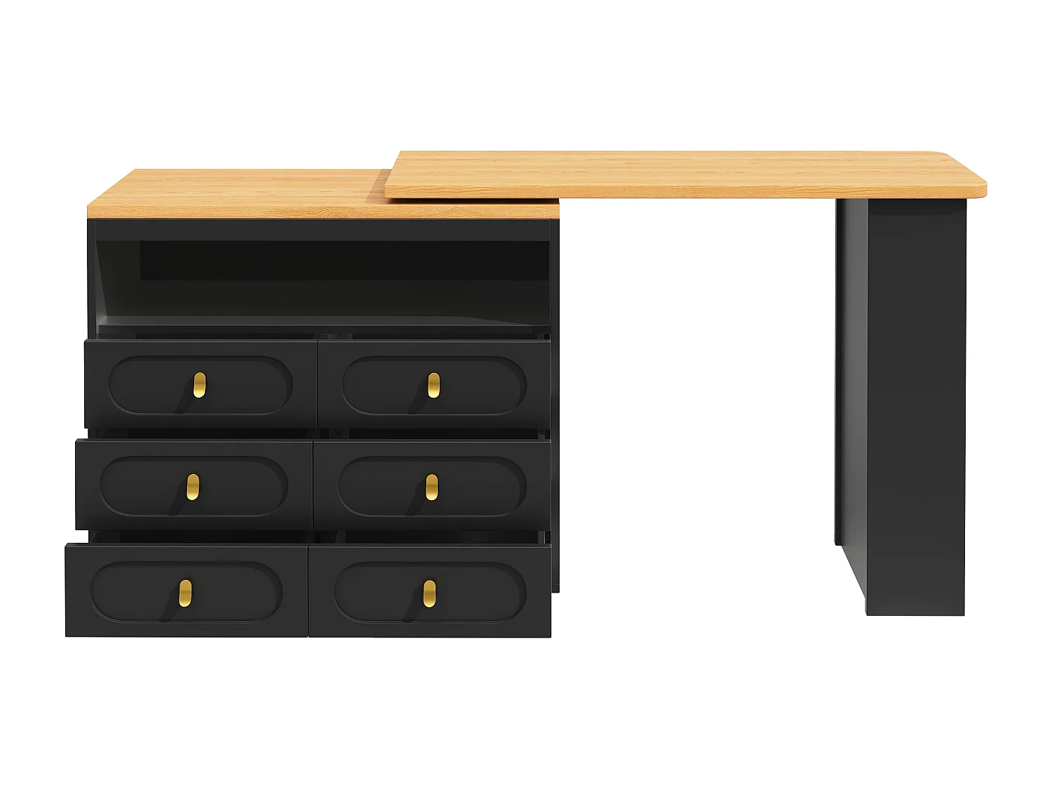 Aparador negro, aparador de cocina con encimera extensible, 6 cajones y espacio de almacenamiento abierto - MDF