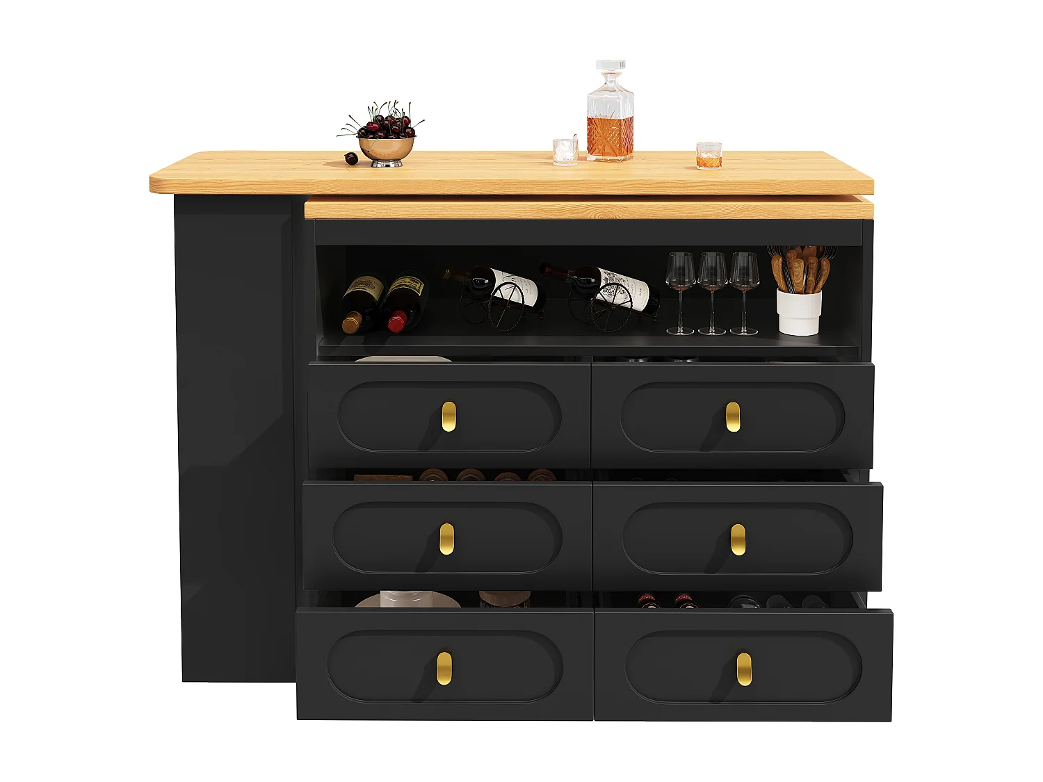 Aparador negro, aparador de cocina con encimera extensible, 6 cajones y espacio de almacenamiento abierto - MDF