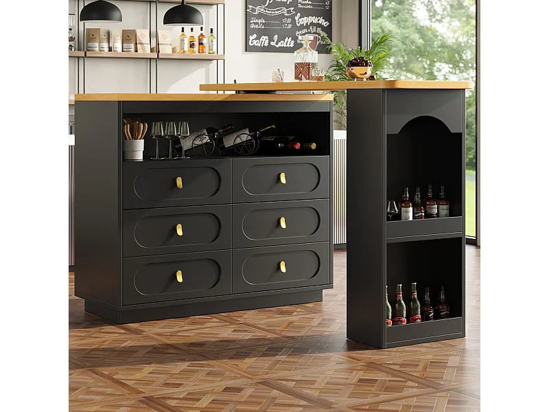 Credenza nera, credenza da cucina con piano di lavoro estensibile, 6 cassetti e vano a giorno - MDF