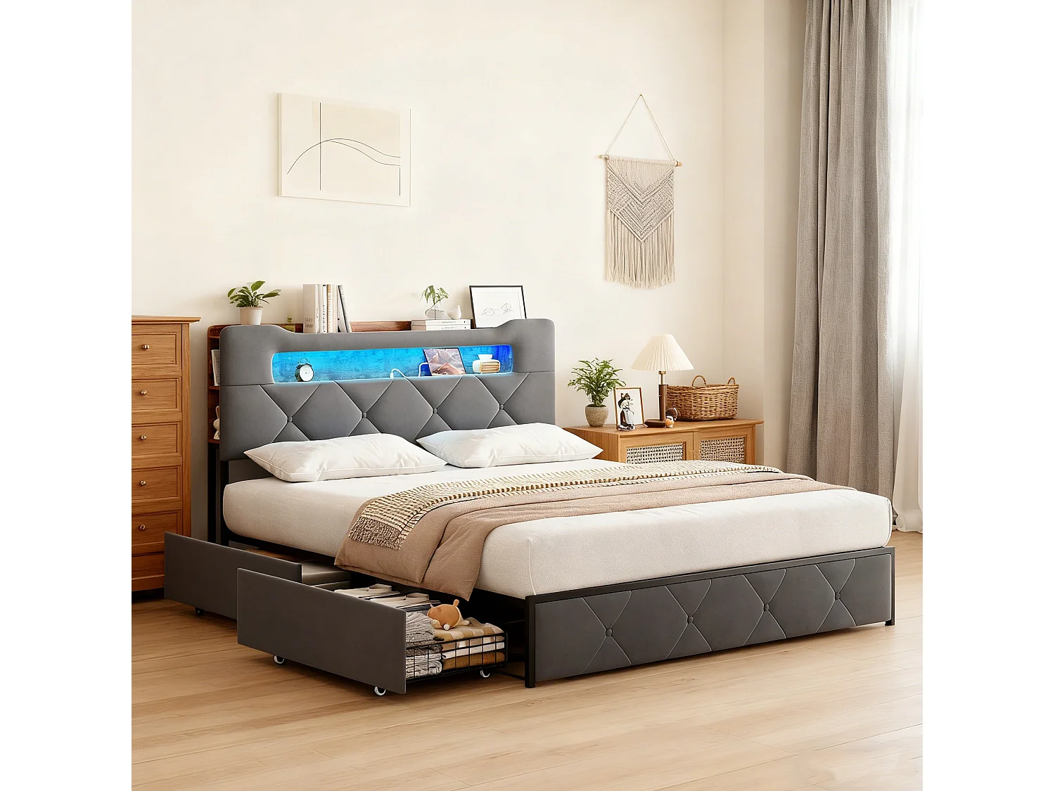 Lit adulte 140x200 cm avec sommier à lattes, lit double 140x200 cm tiroir rembourré, cadre de lit 140x200 cm avec LED et USB, gris