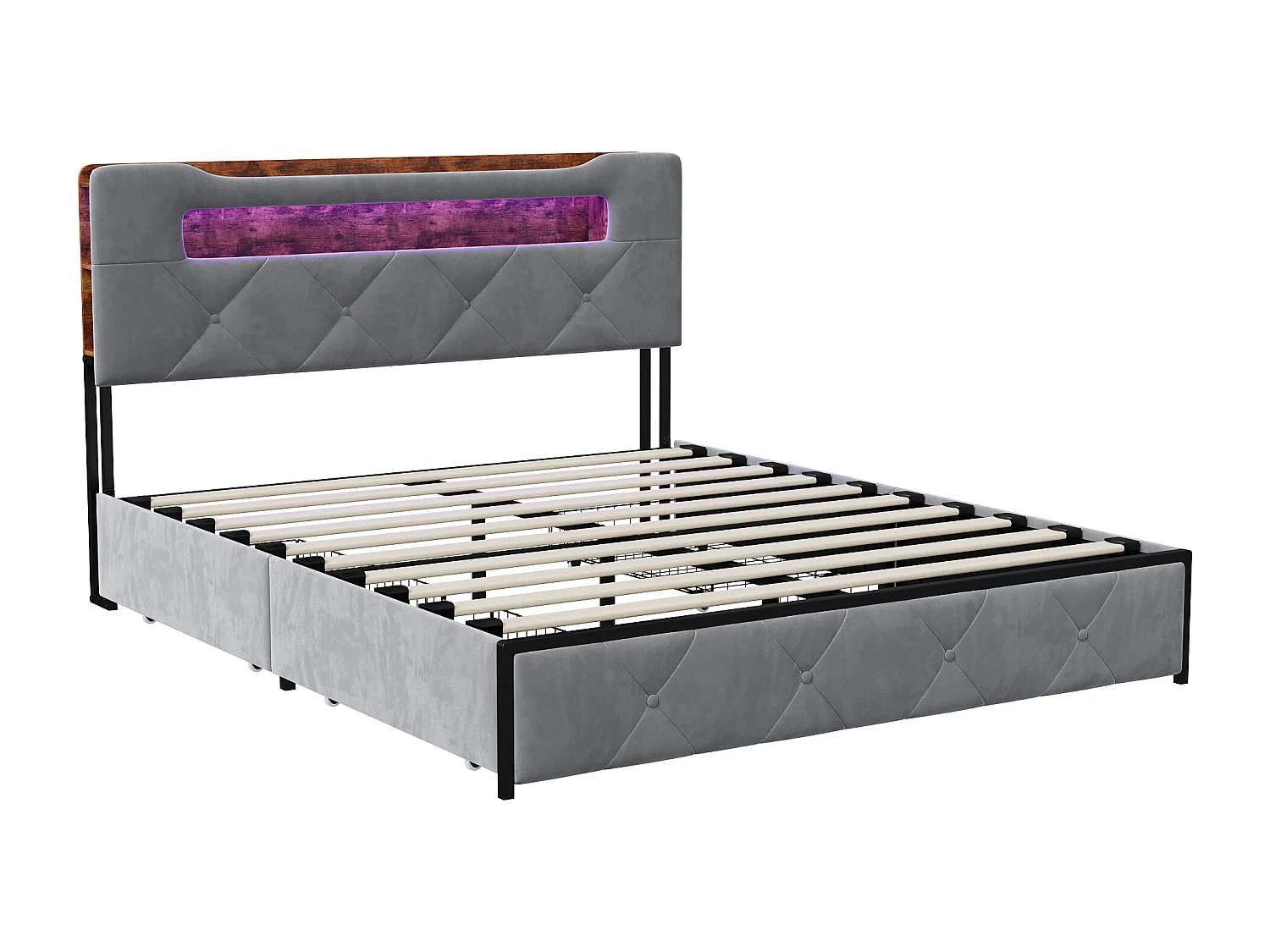 Lit adulte 140x200 cm avec sommier à lattes, lit double 140x200 cm tiroir rembourré, cadre de lit 140x200 cm avec LED et USB, gris