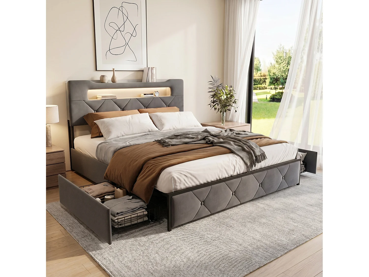 Lit double 140x200 cm - avec sommier à lattes, tiroirs de rangement, LED et ports USB - tête de lit rembourrée - tissu gris