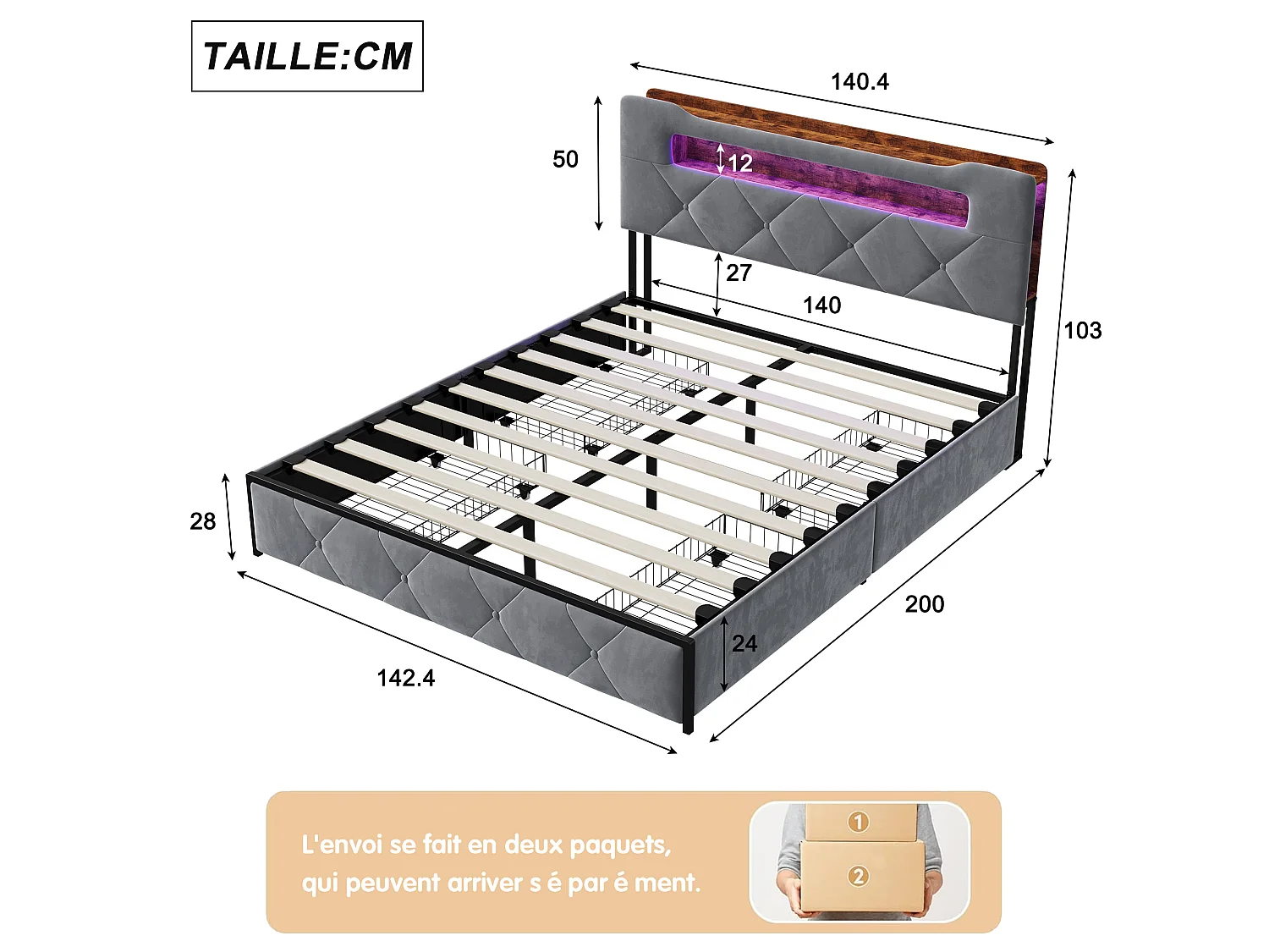 Lit double 140x200 cm - avec sommier à lattes, tiroirs de rangement, LED et ports USB - tête de lit rembourrée - tissu gris