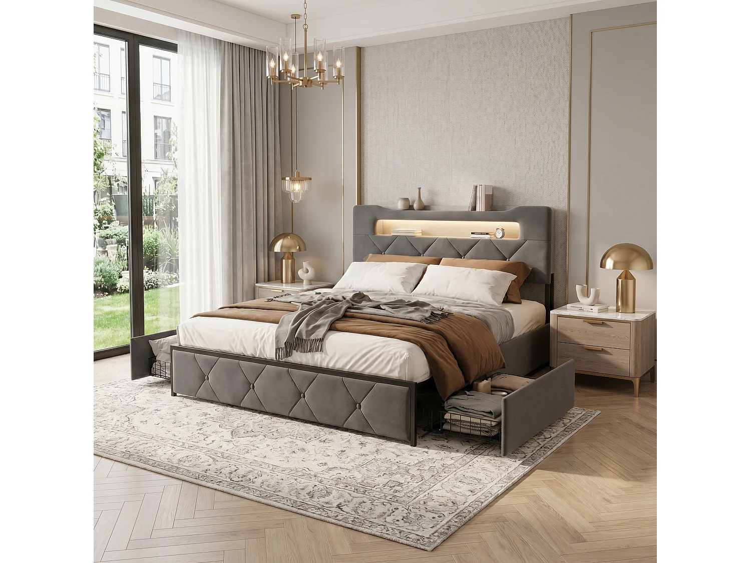 Lit double 140 x 190 cm - Lit adulte avec sommier à lattes, tiroirs de rangement, LED et port USB - tête de lit capitonnée avec boutons matelassés - gris
