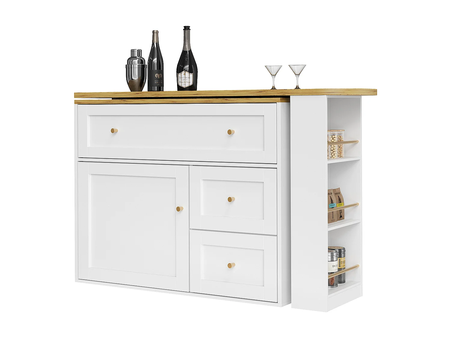 Wit dressoir, keukendressoir met draaibaar aanrecht, 2 deuren en 2 opberglades - gouden handgrepen