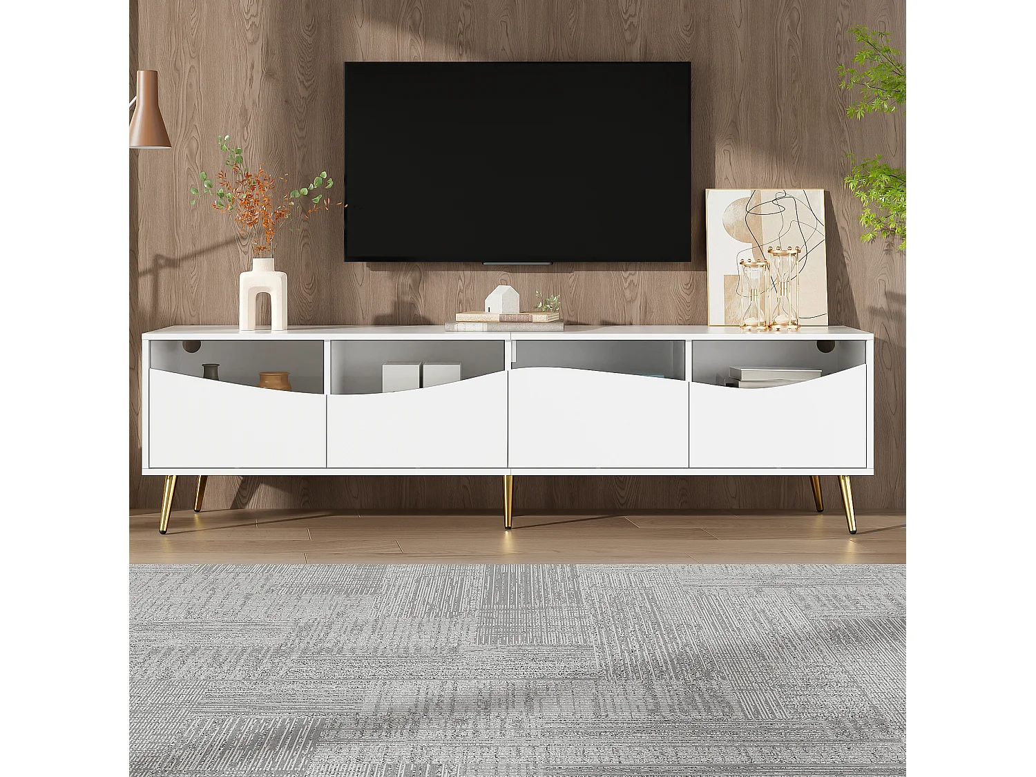 Mueble de TV de 180 cm, mueble de TV blanco con 4 cajones, iluminación LED y patas metálicas doradas