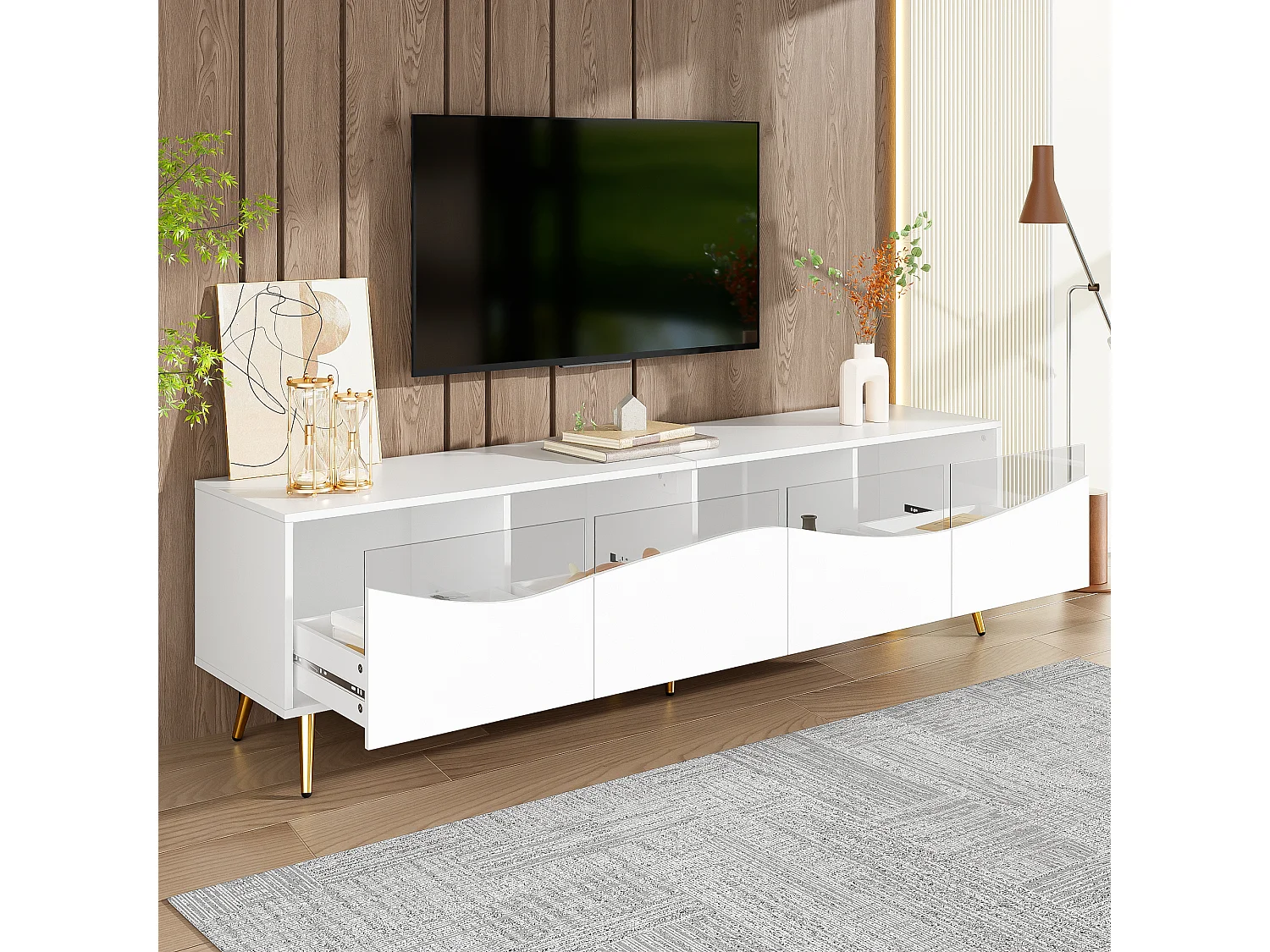 Mueble de TV de 180 cm, mueble de TV blanco con 4 cajones, iluminación LED y patas metálicas doradas