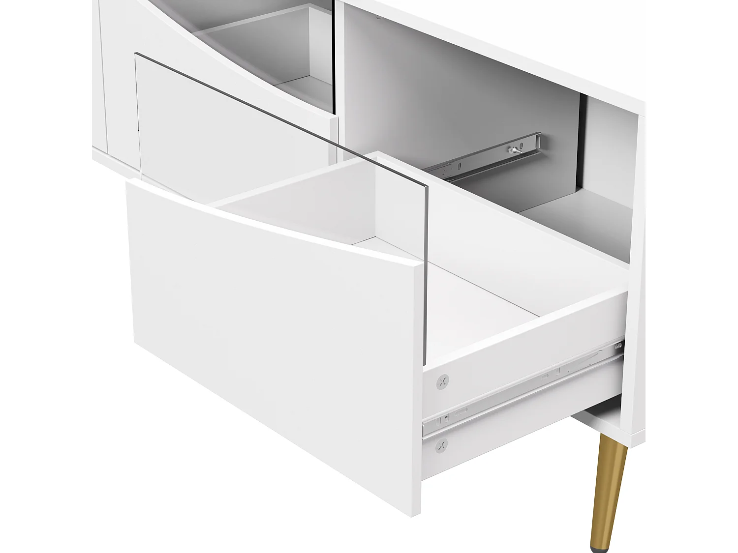 Mueble de TV de 180 cm, mueble de TV blanco con 4 cajones, iluminación LED y patas metálicas doradas