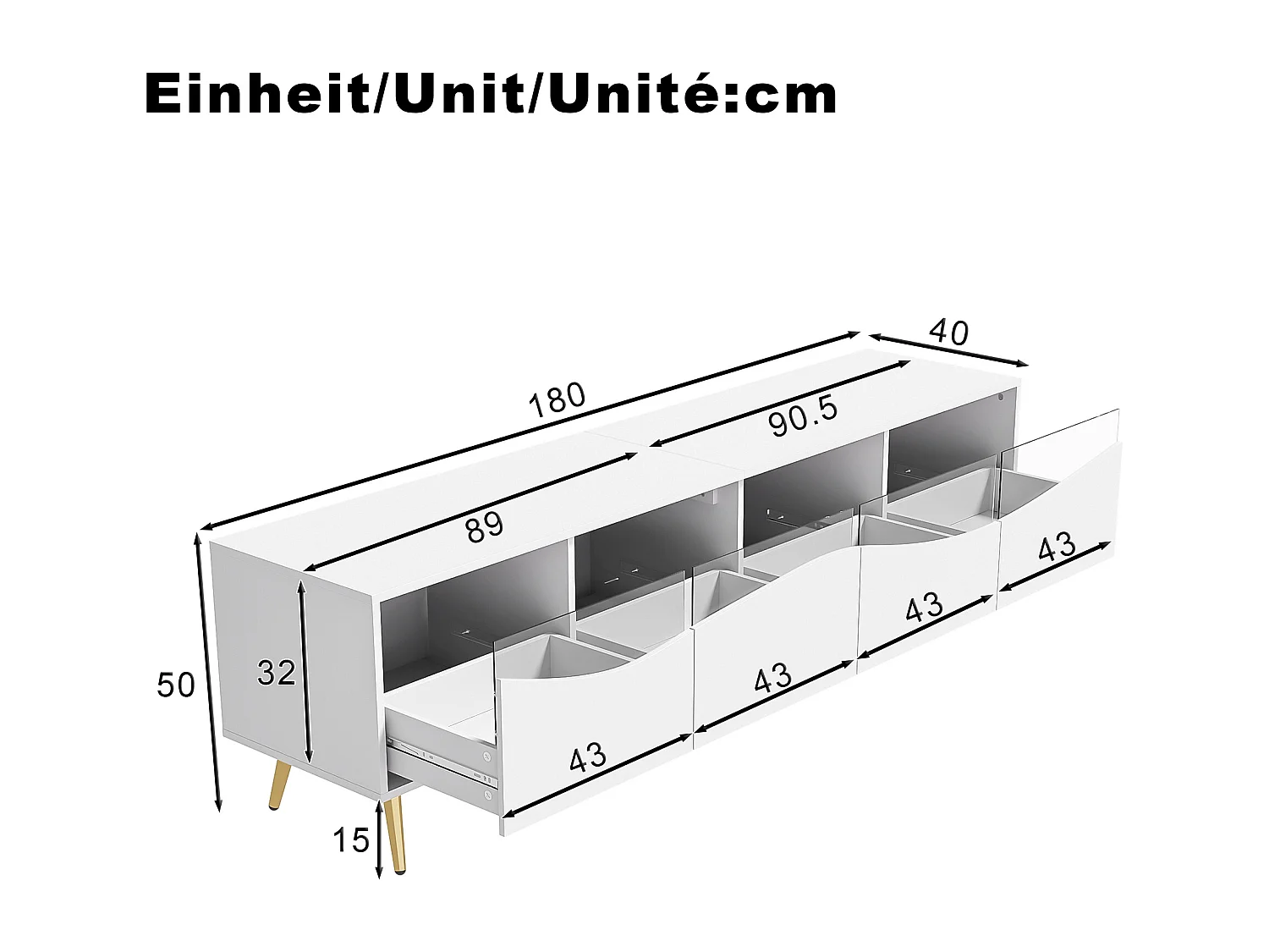 180 cm TV-Ständer, weißer TV-Ständer mit 4 Schubladen, LED-Beleuchtung und vergoldeten Metallbeinen