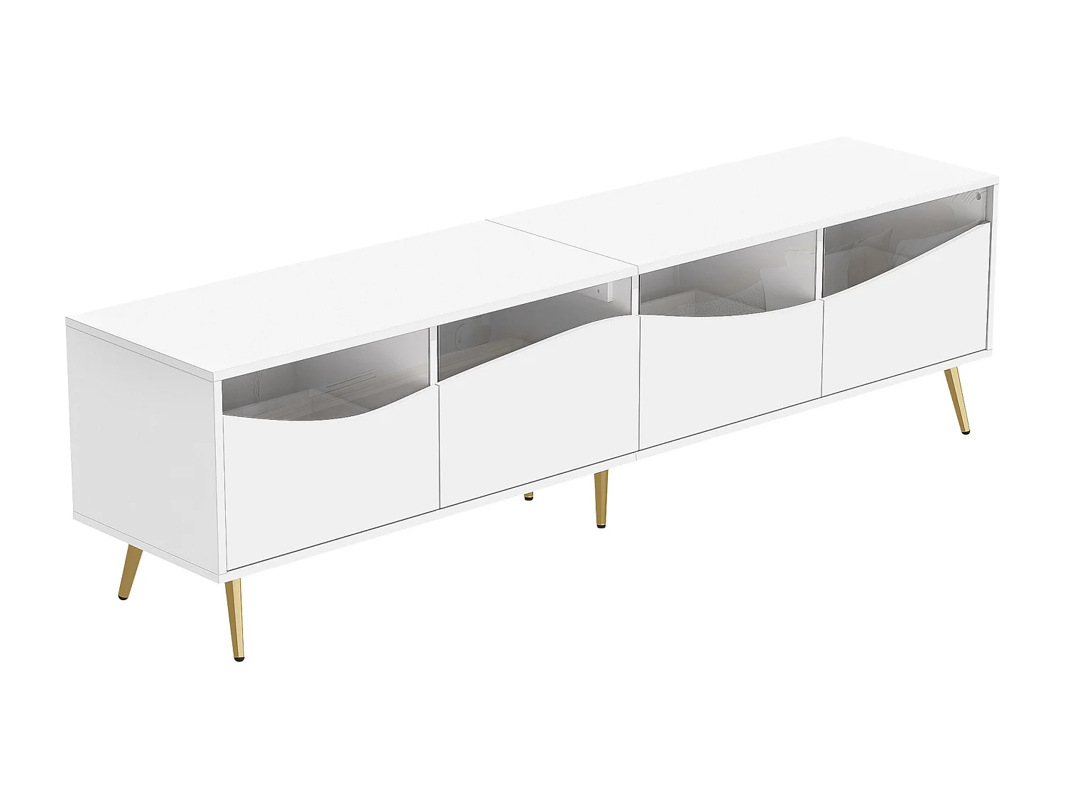 180 cm TV-Ständer, weißer TV-Ständer mit 4 Schubladen, LED-Beleuchtung und vergoldeten Metallbeinen