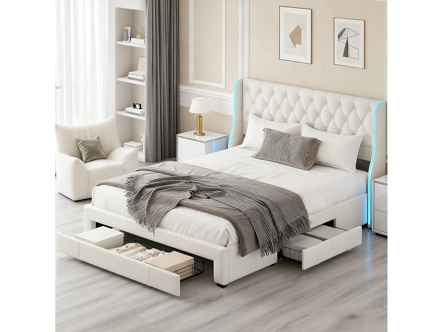 Lit adulte 160x200 cm avec 3 tiroir - cadre de lit double 160x200 cm avec sommier à lattes - lit 160x200 cm avec LED et boutons - tissu en velours - beige