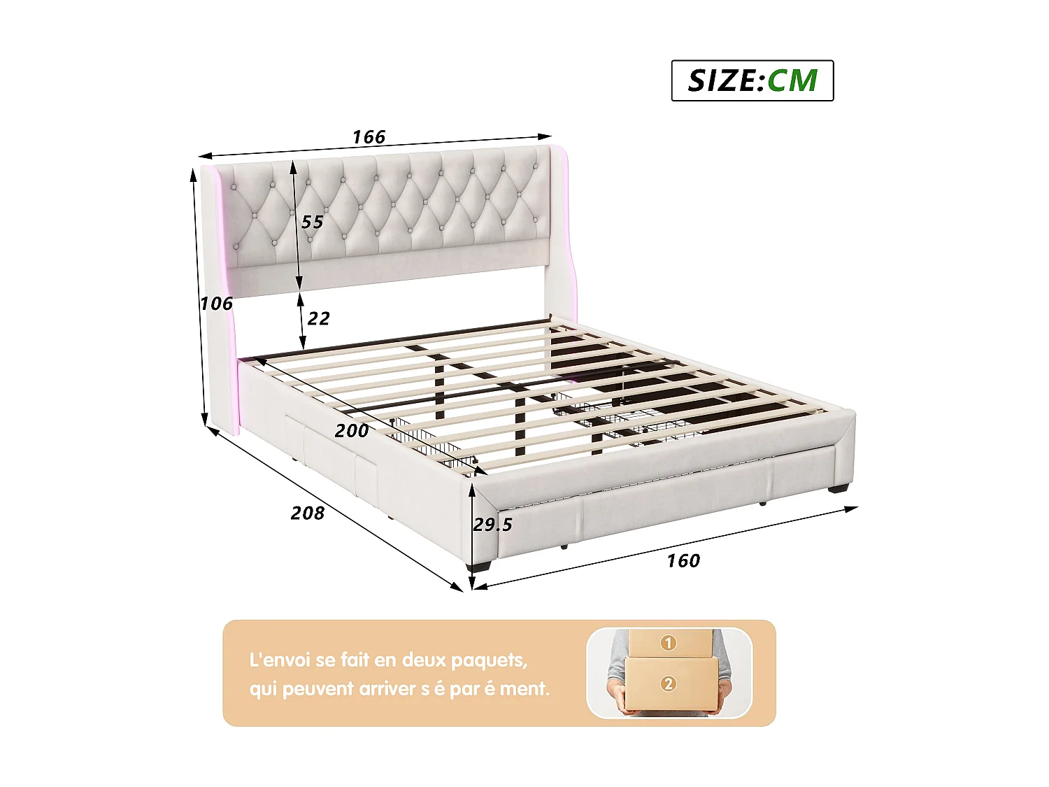 Lit adulte 160x200 cm avec 3 tiroir - cadre de lit double 160x200 cm avec sommier à lattes - lit 160x200 cm avec LED et boutons - tissu en velours - beige