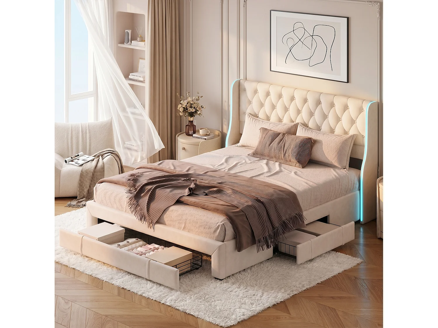 Volwassen bed 160x200 cm met 3 lades - tweepersoonsbedframe 160x200 cm met lattenbodem - LED-verlichting en knoppen - fluwelen stof - beige