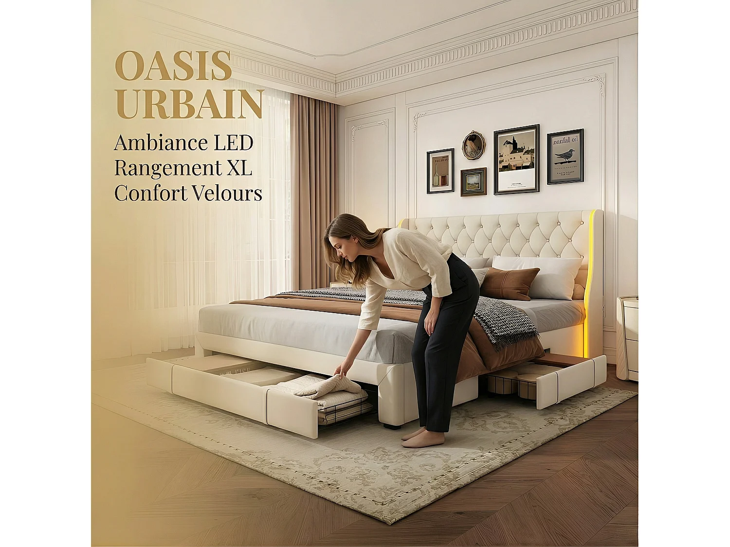 Volwassen bed 160x200 cm met 3 lades - tweepersoonsbedframe 160x200 cm met lattenbodem - LED-verlichting en knoppen - fluwelen stof - beige