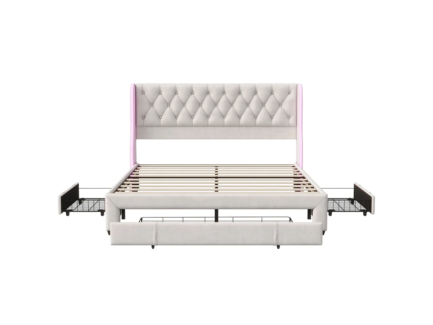 Volwassen bed 160x200 cm met 3 lades - tweepersoonsbedframe 160x200 cm met lattenbodem - LED-verlichting en knoppen - fluwelen stof - beige