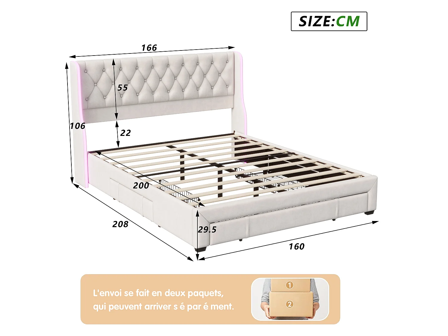 Volwassen bed 160x200 cm met 3 lades - tweepersoonsbedframe 160x200 cm met lattenbodem - LED-verlichting en knoppen - fluwelen stof - beige