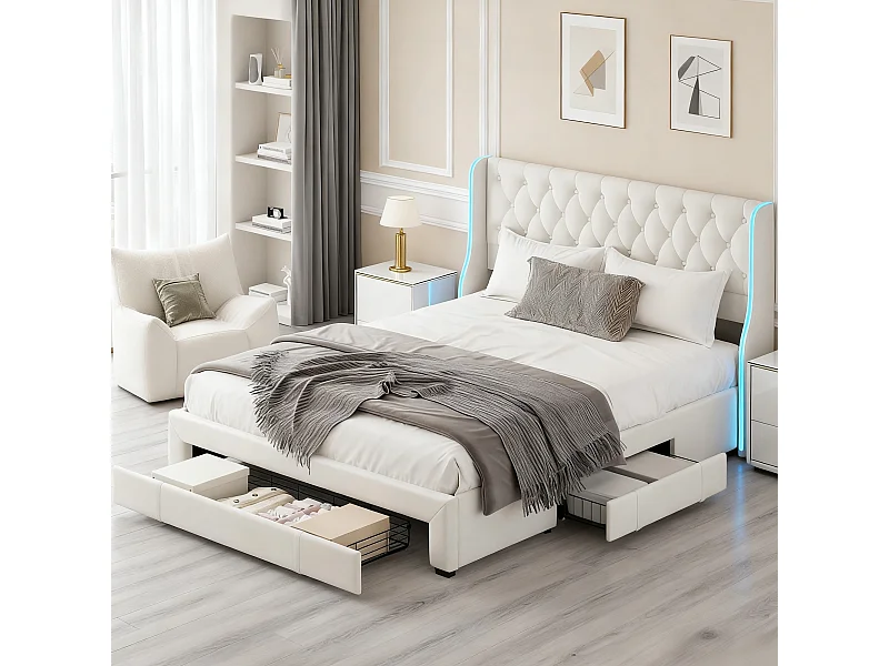 Lit adulte 160x200 cm avec 3 tiroir - cadre de lit double 160x200 cm avec sommier à lattes - lit 160x200 cm avec LED et boutons - tissu en velours - beige