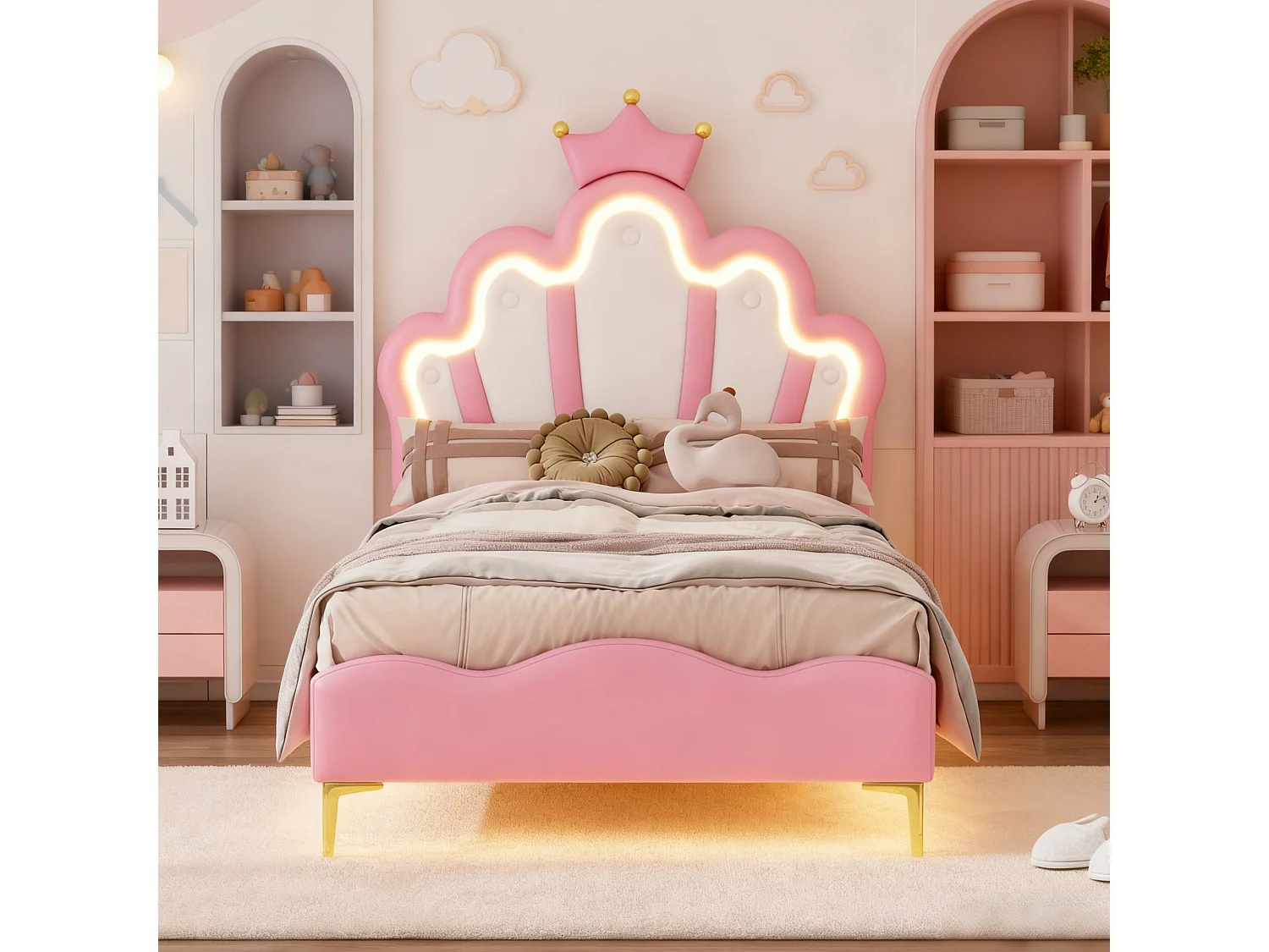 Lit enfant 90x200 avec led - lit capitonné en tissu pu 90x200 cm - lit simple 90x200 cm avec sommier à lattes - lit à couronne pour enfants - rose
