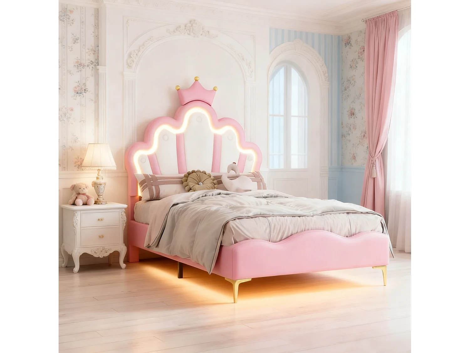 Lit enfant 90 x 200 cm - Lit couronne capitonné avec sommier à lattes et LED - tissu PU rose