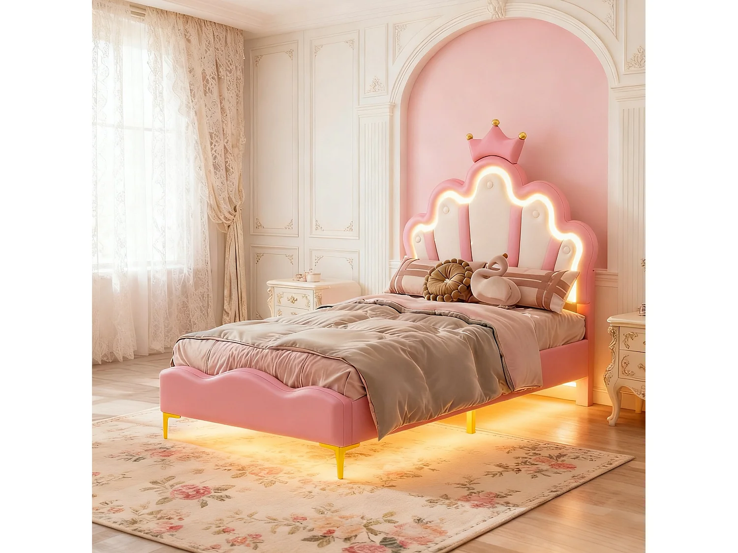 Lit enfant 90 x 200 cm - Lit couronne capitonné avec sommier à lattes et LED - tissu PU rose