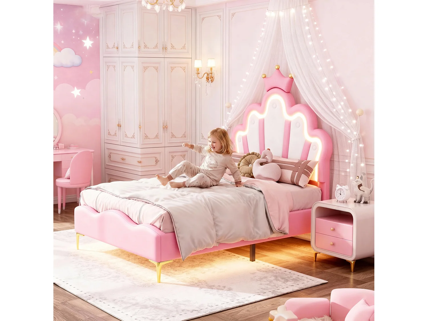 Lit enfant 90 x 200 cm - Lit couronne capitonné avec sommier à lattes et LED - tissu PU rose