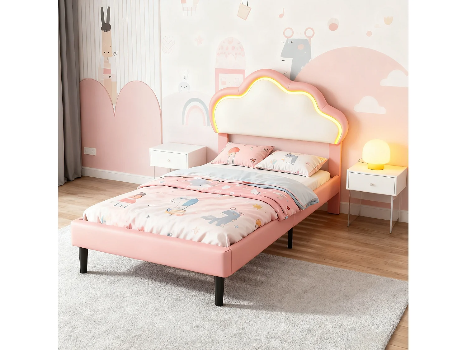 Lit enfant 90x200 cm avec sommier à latte - lit capitonné en tissu pu 90x200 cm - lit simple 90x200 avec éclairage LED réglable - forme de nuage - rose