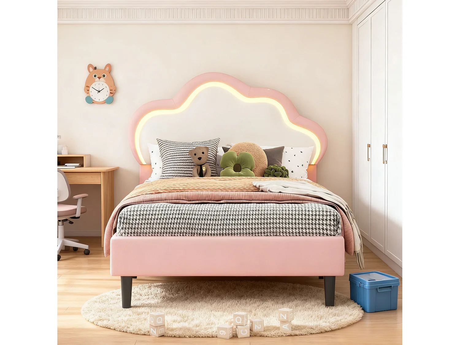 Lit enfant 90x200 cm avec sommier à latte - lit capitonné en tissu pu 90x200 cm - lit simple 90x200 avec éclairage LED réglable - forme de nuage - rose
