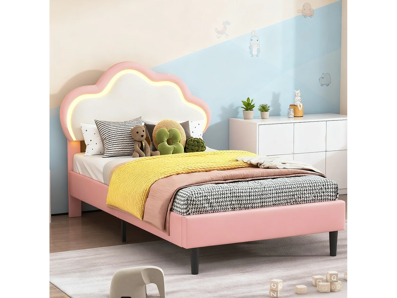 Lit enfant 90x200 cm avec sommier à latte - lit capitonné en tissu pu 90x200 cm - lit simple 90x200 avec éclairage LED réglable - forme de nuage - rose