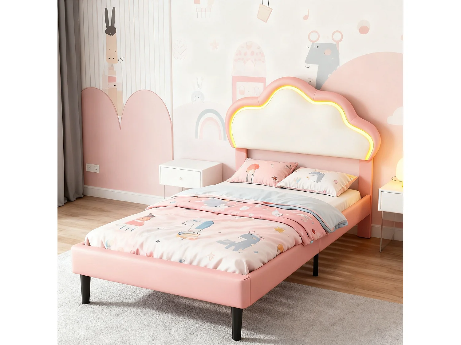 Lit enfant 90x200 cm avec sommier à latte - lit capitonné en tissu pu 90x200 cm - lit simple 90x200 avec éclairage LED réglable - forme de nuage - rose