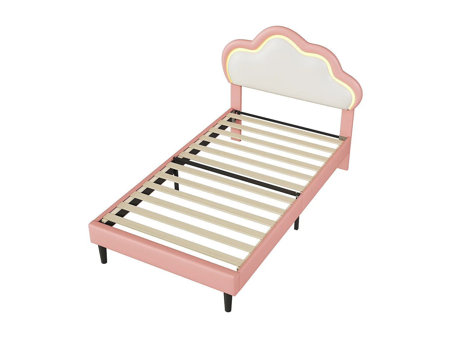 Lit enfant 90x200 cm avec sommier à latte - lit capitonné en tissu pu 90x200 cm - lit simple 90x200 avec éclairage LED réglable - forme de nuage - rose