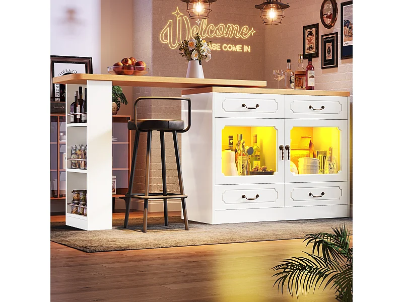 Credenza a LED, credenza bianca con piano girevole, 2 ante e 4 cassetti portaoggetti - MDF