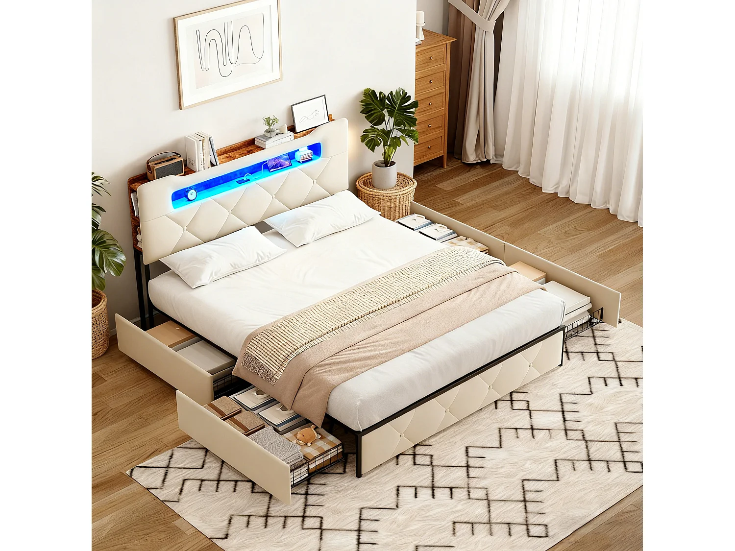 Lit adulte 140x190 cm avec sommier à lattes, lit double 140x190 cm tiroir rembourré, cadre de lit 140x190 cm avec LED et USB, beige