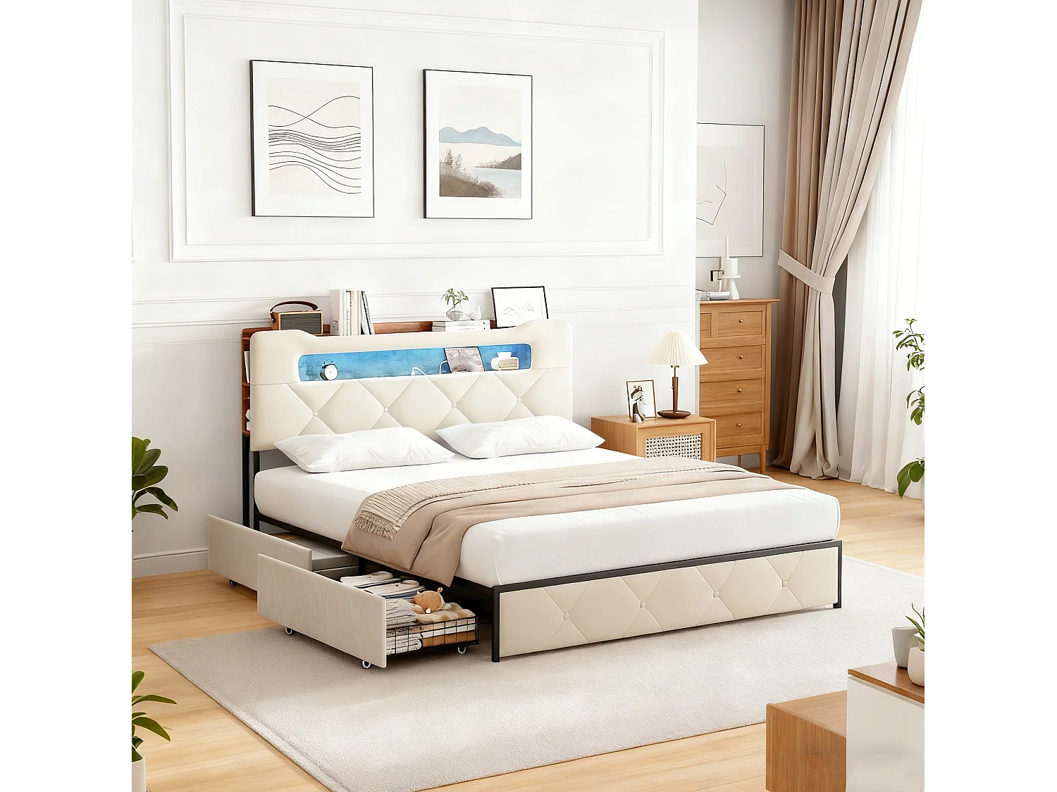 Lit adulte 140x190 cm avec sommier à lattes, lit double 140x190 cm tiroir rembourré, cadre de lit 140x190 cm avec LED et USB, beige