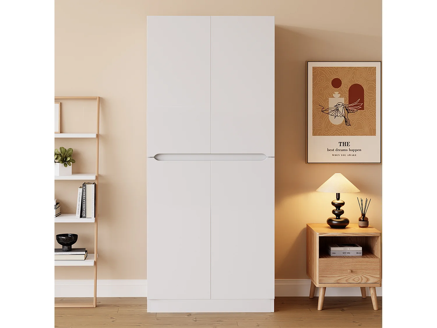 Weißer Kleiderschrank mit Staufächern und Kleiderstange – 4 Türen – fürs Schlafzimmer