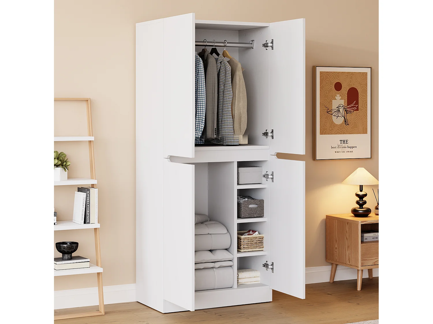 Weißer Kleiderschrank mit Staufächern und Kleiderstange – 4 Türen – fürs Schlafzimmer