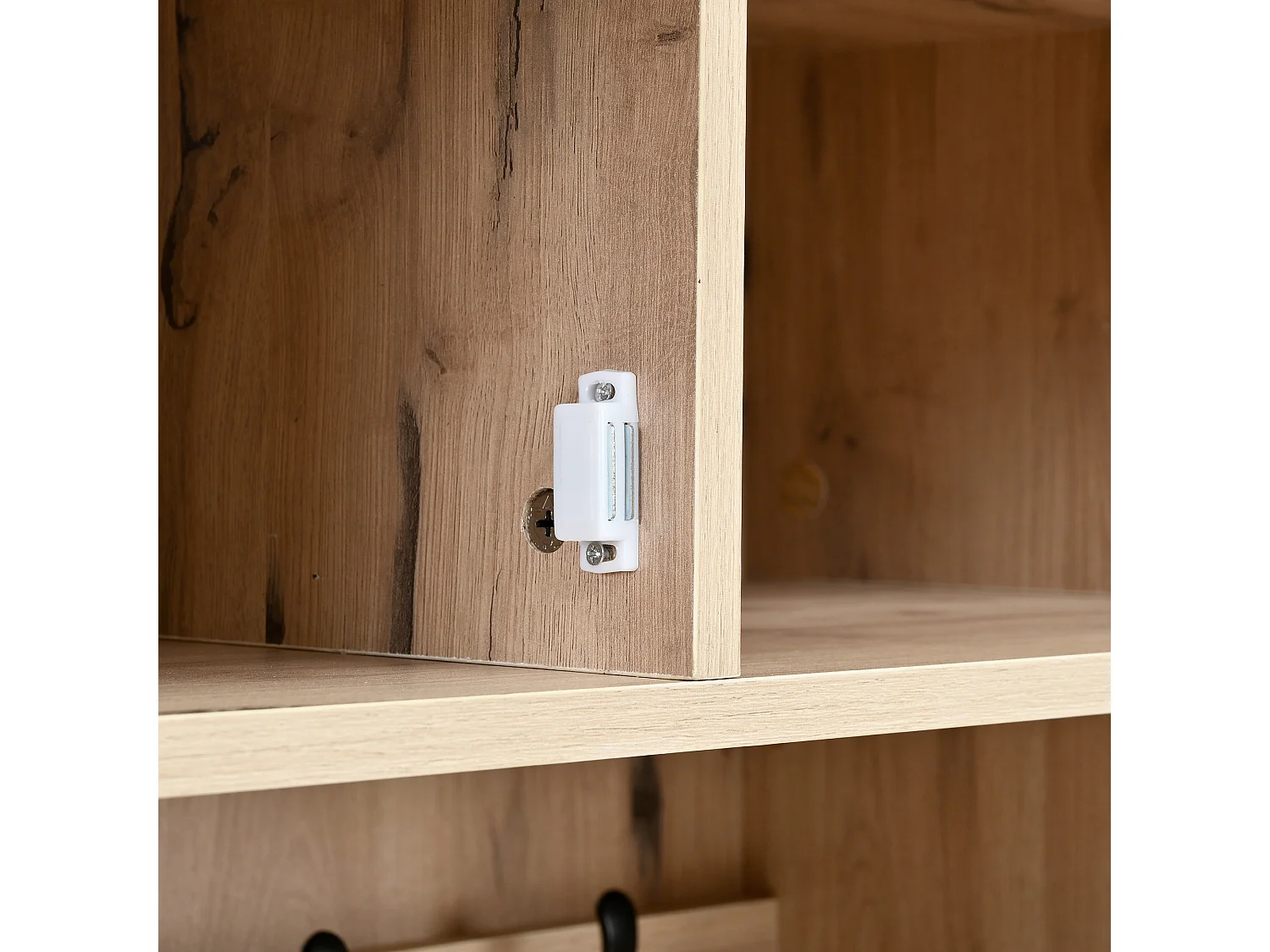 Garderobenständer für den Eingangsbereich mit 2 Türen und 6 offenen Ablagefächern, LED-Beleuchtung – Naturfarbe