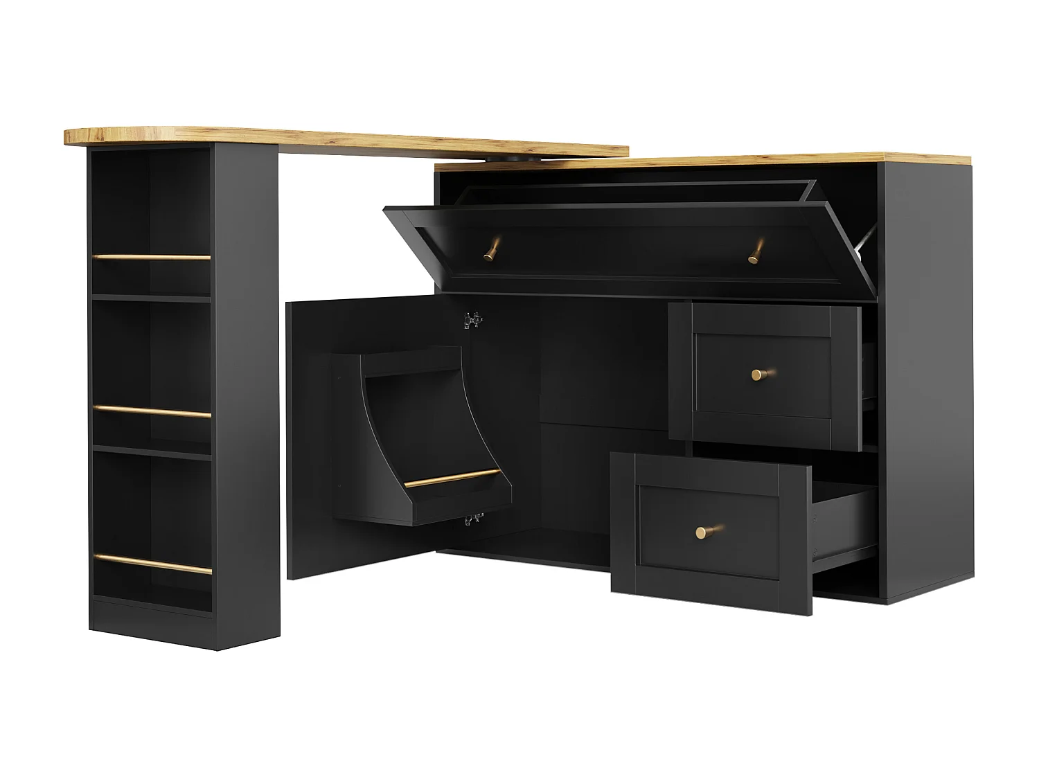 Credenza nera, credenza da cucina con piano girevole, 2 ante e 2 cassetti - maniglie dorate