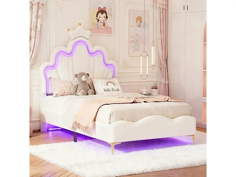 Lit enfant 90x200 avec led, lit princesse, lit simple avec sommier à lattes, lit à couronne pour enfants, tissu pu, blanc