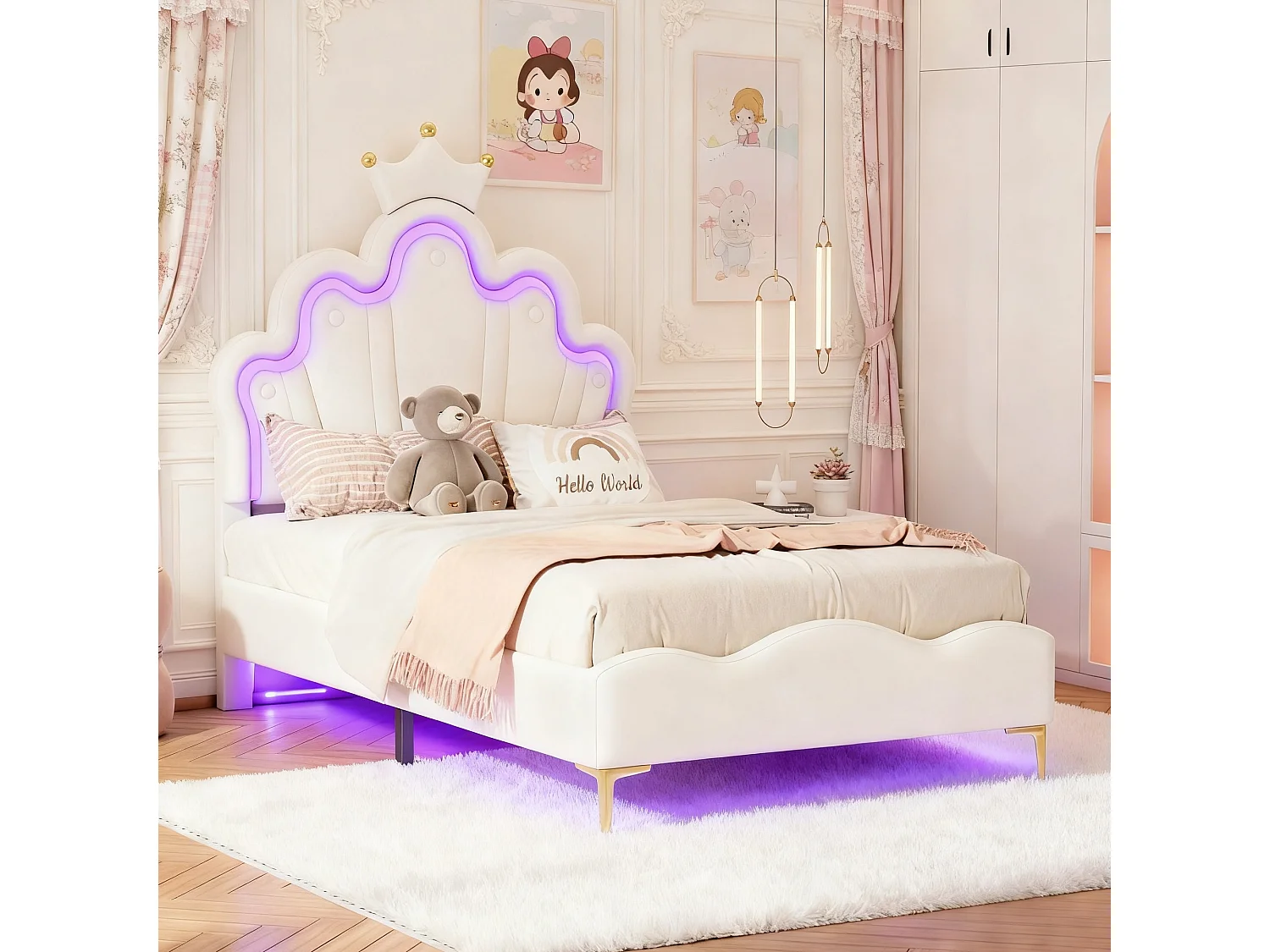 Lit enfant 90x200 avec led, lit princesse, lit simple avec sommier à lattes, lit à couronne pour enfants, tissu pu, blanc