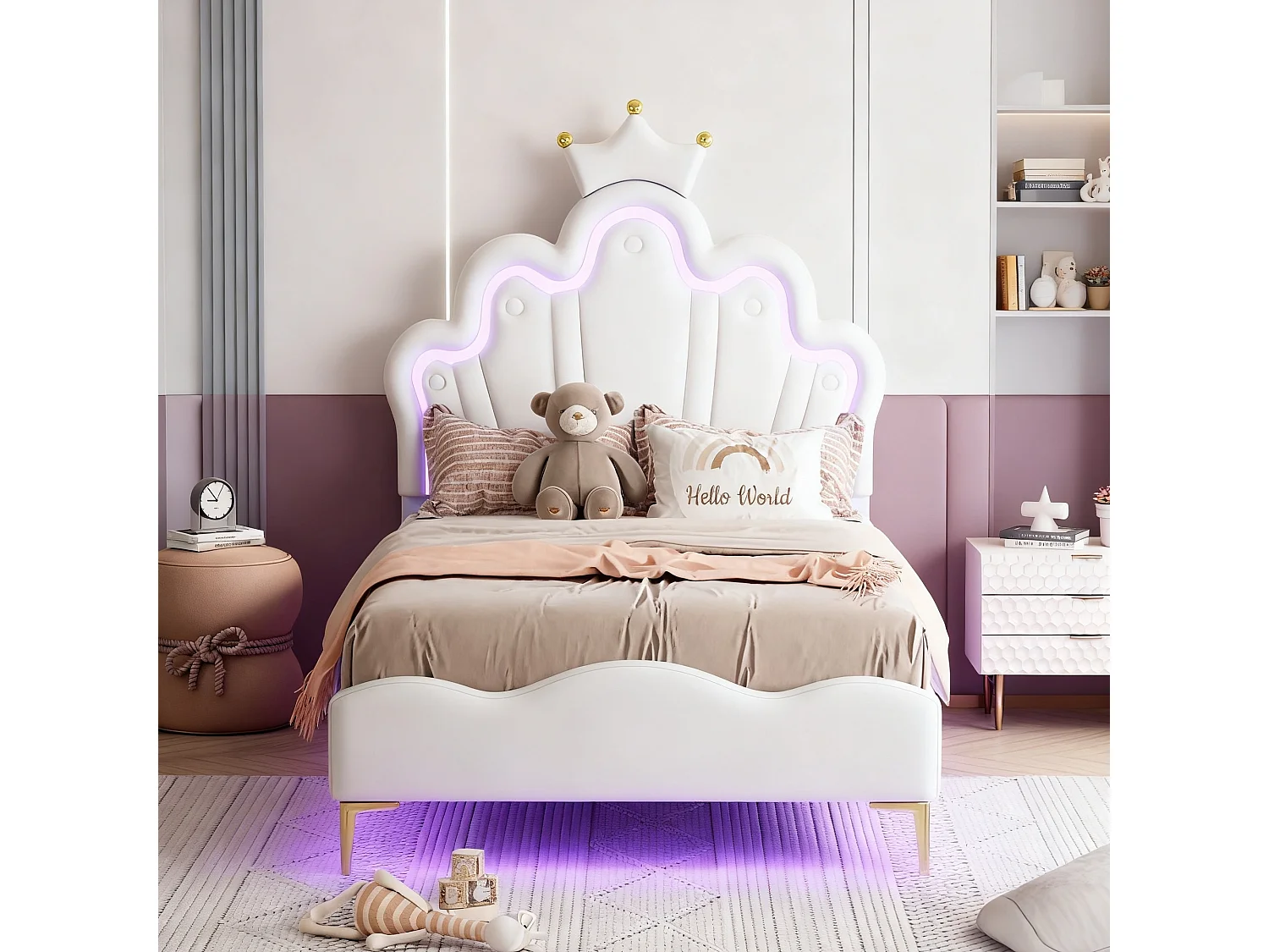 Lit enfant 90x200 avec led, lit princesse, lit simple avec sommier à lattes, lit à couronne pour enfants, tissu pu, blanc