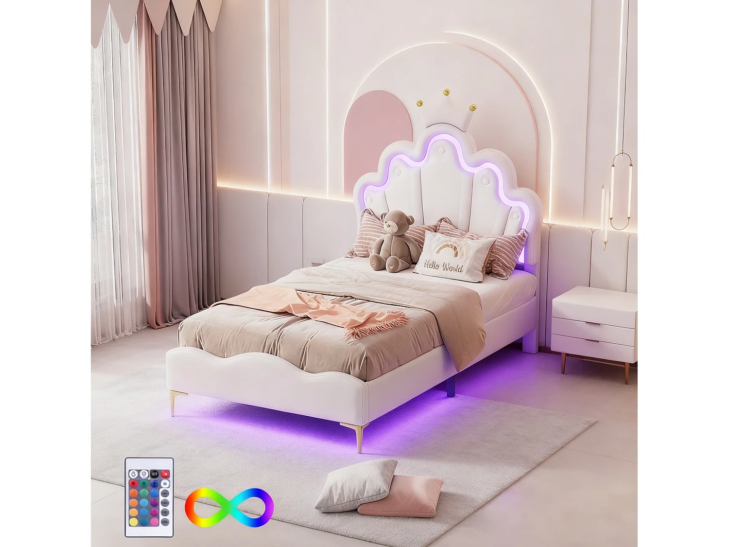 Lit enfant 90x200 avec led, lit princesse, lit simple avec sommier à lattes, lit à couronne pour enfants, tissu pu, blanc