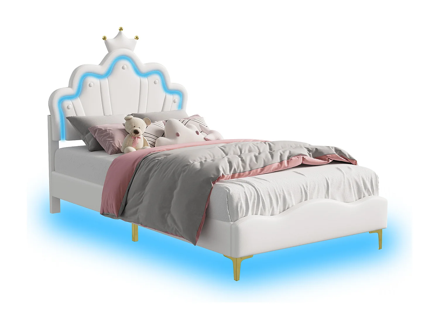Lit enfant 90x200 avec led, lit princesse, lit simple avec sommier à lattes, lit à couronne pour enfants, tissu pu, blanc