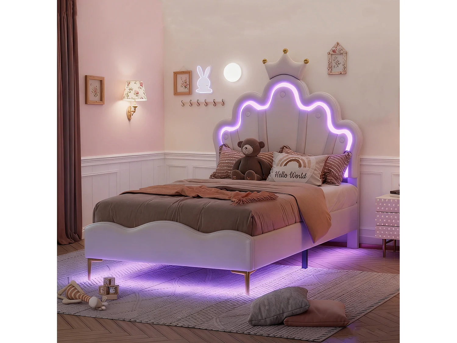 Lit princesse en forme de couronne 90x200 cm avec led, lit enfant 90x200 avec sommier à lattes, lit simple avec sommier à lattes, tissu PU, blanc
