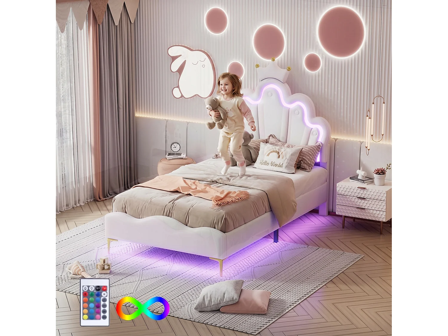 Lit enfant princesse 90 x 200 cm - Lit couronne avec sommier à lattes et LED - lit simple en tissu PU blanc